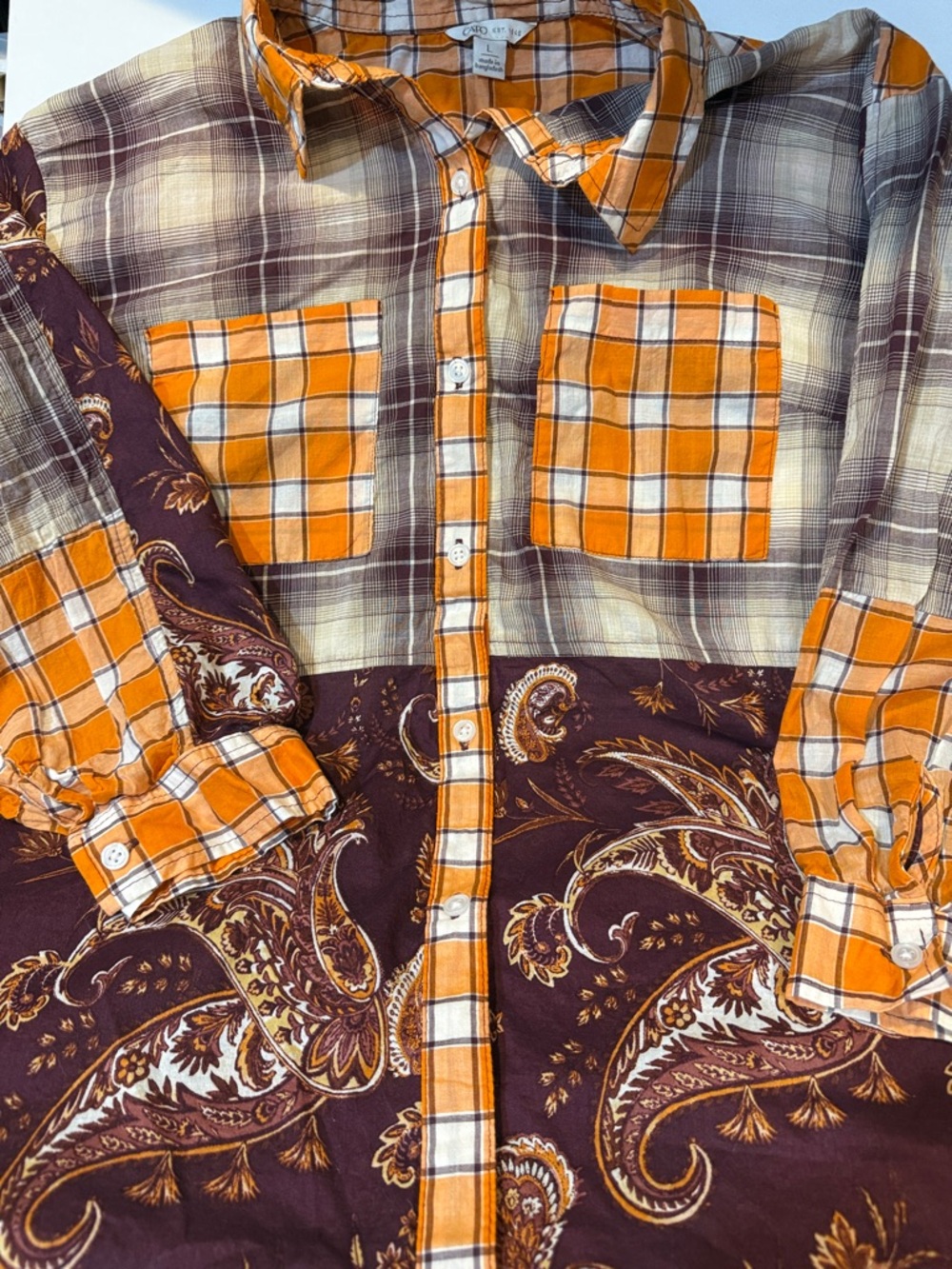 Plaid & Paisley Patchwork Button-Up Shirt - Orange & Maroon
